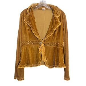 Vintage Y2K Easel L Mustard Gold Crushed Velvet Ruffle Jacket Beaded Waist Tie